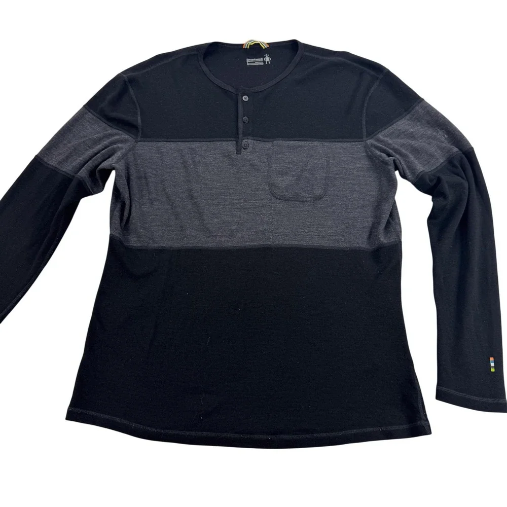Smartwool Mens Large Black Gray Colorblock Henley Merino Wool Shirt SW014018